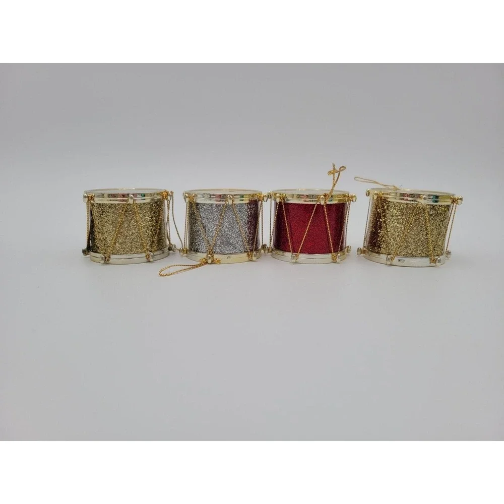 Vintage Lot Of 4 Glitter Drum Christmas‎ Ornaments Gold Red Silver Hanging